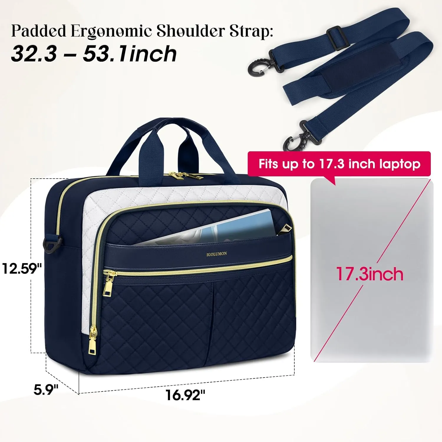 IGOLUMON Laptop Bag 15.6 Inch Laptop Briefcase for Women Men Waterproof Shoulder Computer Messenger Bag Large Laptop Bag Business Office Work Travel College, Purplish Blue and White