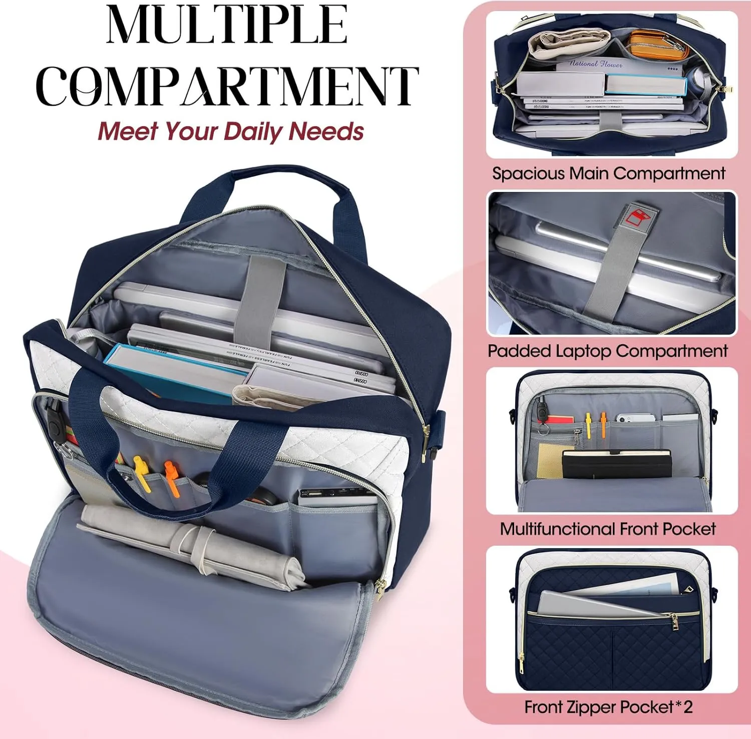 IGOLUMON Laptop Bag 15.6 Inch Laptop Briefcase for Women Men Waterproof Shoulder Computer Messenger Bag Large Laptop Bag Business Office Work Travel College, Purplish Blue and White