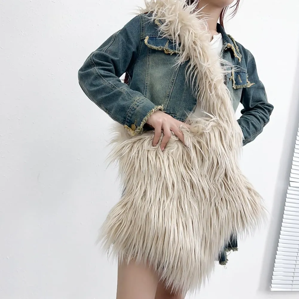 ikasus Women's Furry Shoulder Bag Fuzzy Crossbody Tote Bags Purse Handbag Star-Shaped Furry Tote Bag Plush Tote Bag, Khaki