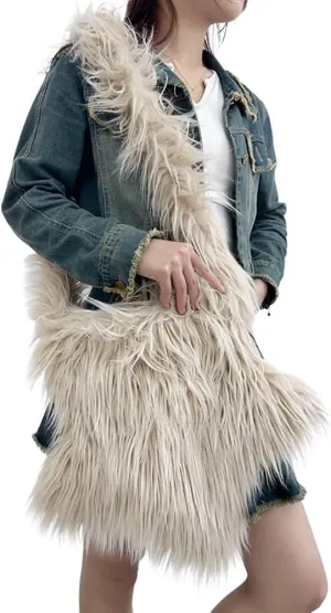 ikasus Women's Furry Shoulder Bag Fuzzy Crossbody Tote Bags Purse Handbag Star-Shaped Furry Tote Bag Plush Tote Bag, Khaki