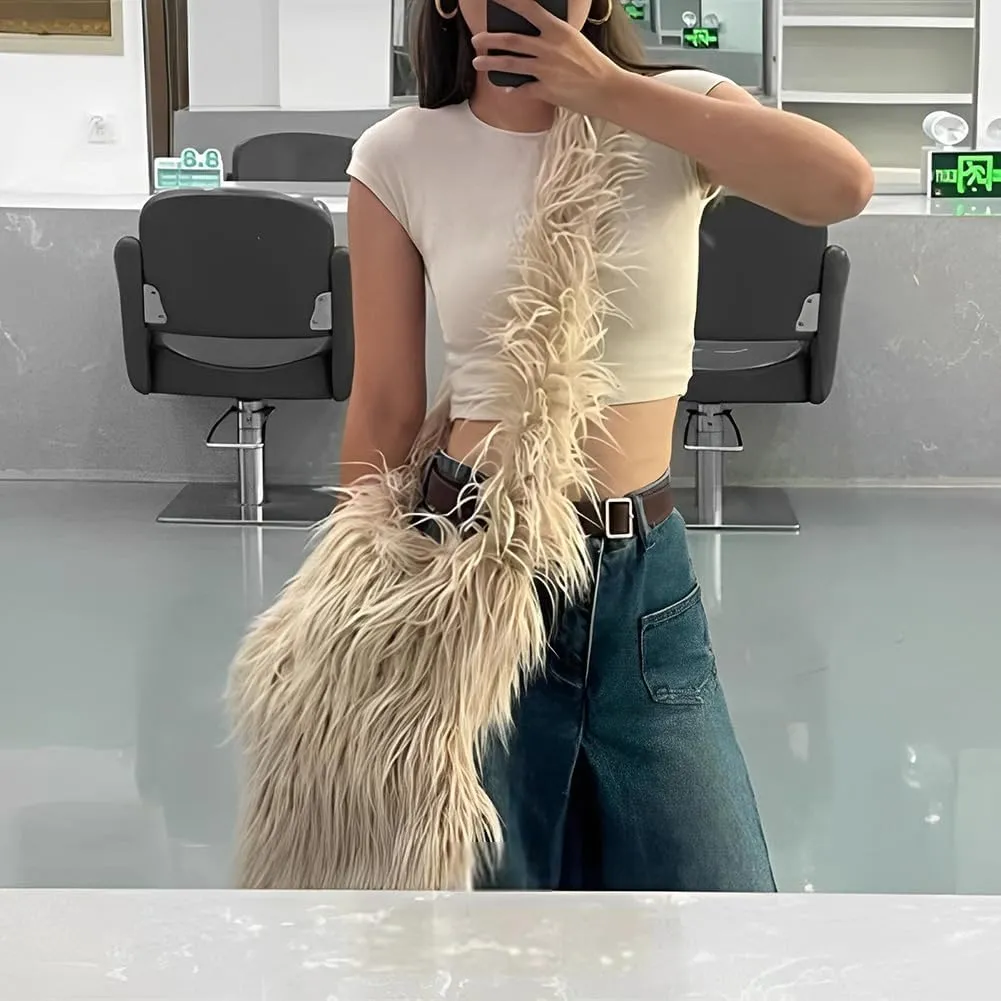ikasus Women's Furry Shoulder Bag Fuzzy Crossbody Tote Bags Purse Handbag Star-Shaped Furry Tote Bag Plush Tote Bag, Khaki