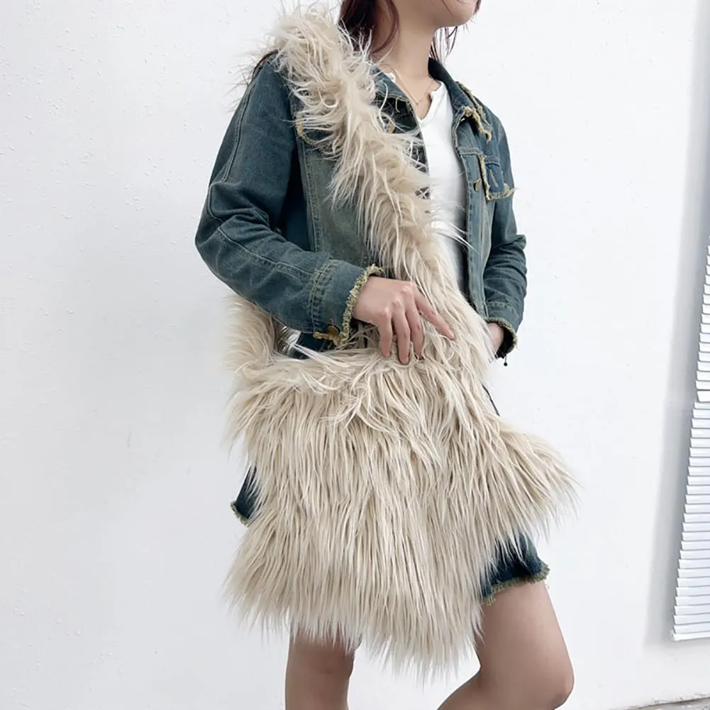 ikasus Women's Furry Shoulder Bag Fuzzy Crossbody Tote Bags Purse Handbag Star-Shaped Furry Tote Bag Plush Tote Bag, Khaki