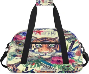 Indian Tiger Gym Duffel Bag for Men Women Exotic Flowers Pineapple Sports Tote Bag with Adjustable Shoulder Strap for Dance Gymnastics Traveling Outdoor Camping Overnight Stay