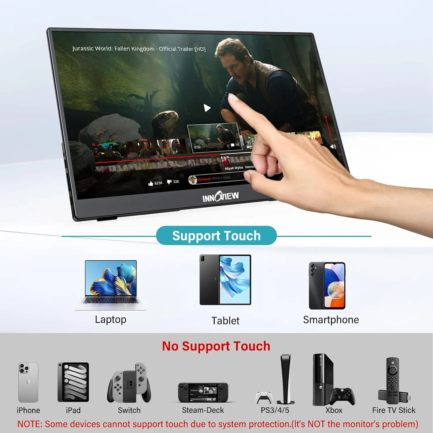 InnoView Portable Monitor Touchscreen 15.6" 1080P 10-Point Touch Screen Monitor Portable with Protective Sleeve Built-in Stand, 1200:1 HDMI USB C Travel Monitors for Laptop, PC, Mac, Phone, Switch