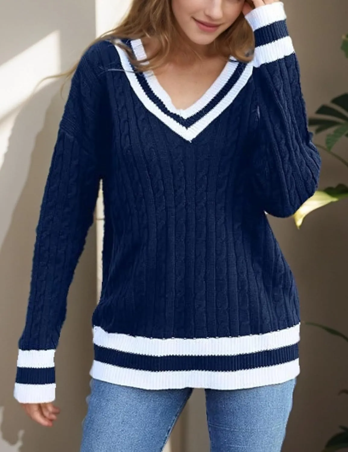 InterNos Women's Casual V Neck Long Sleeve Sweater Trendy Striped Pullover Cable Knit Preppy Sweaters