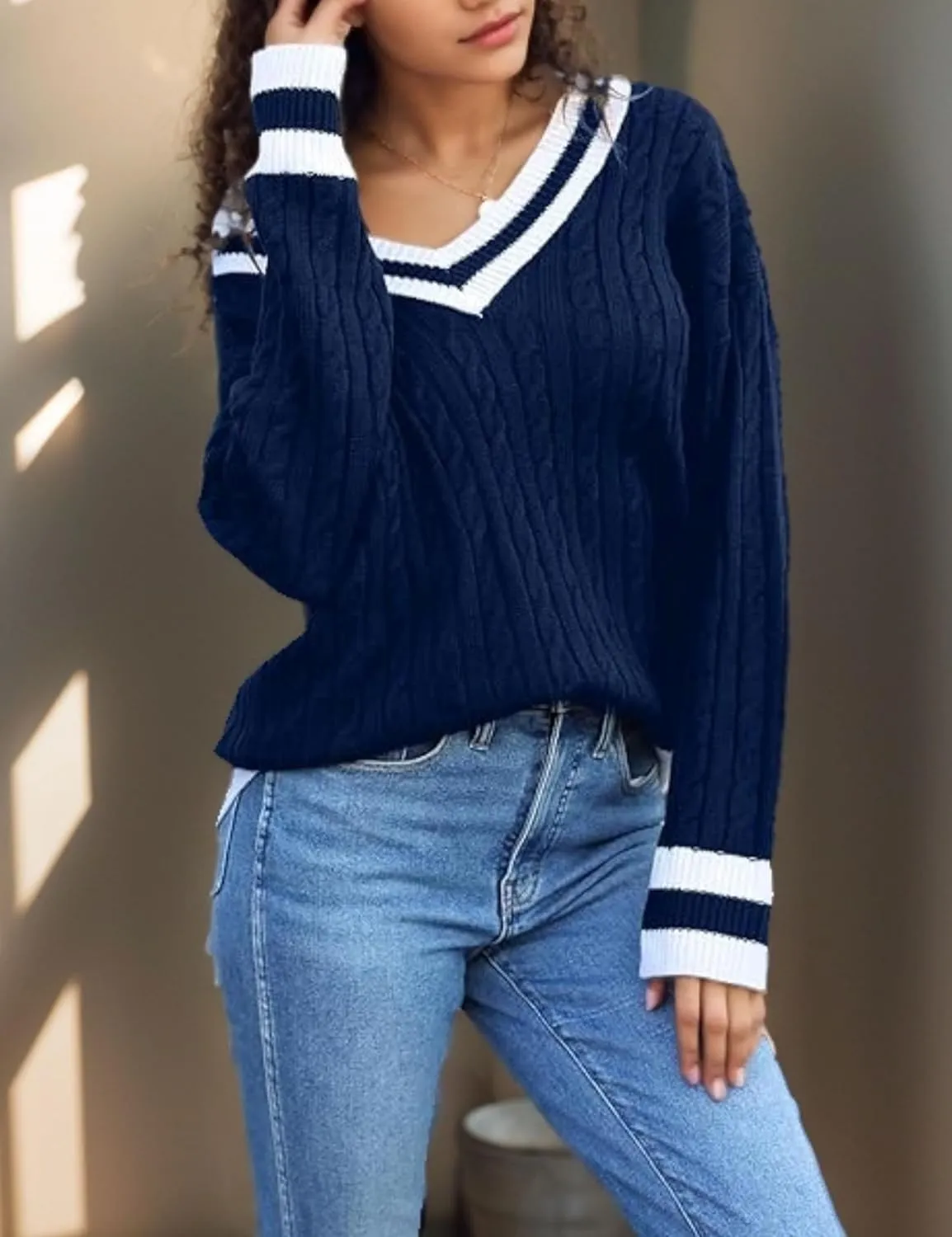 InterNos Women's Casual V Neck Long Sleeve Sweater Trendy Striped Pullover Cable Knit Preppy Sweaters