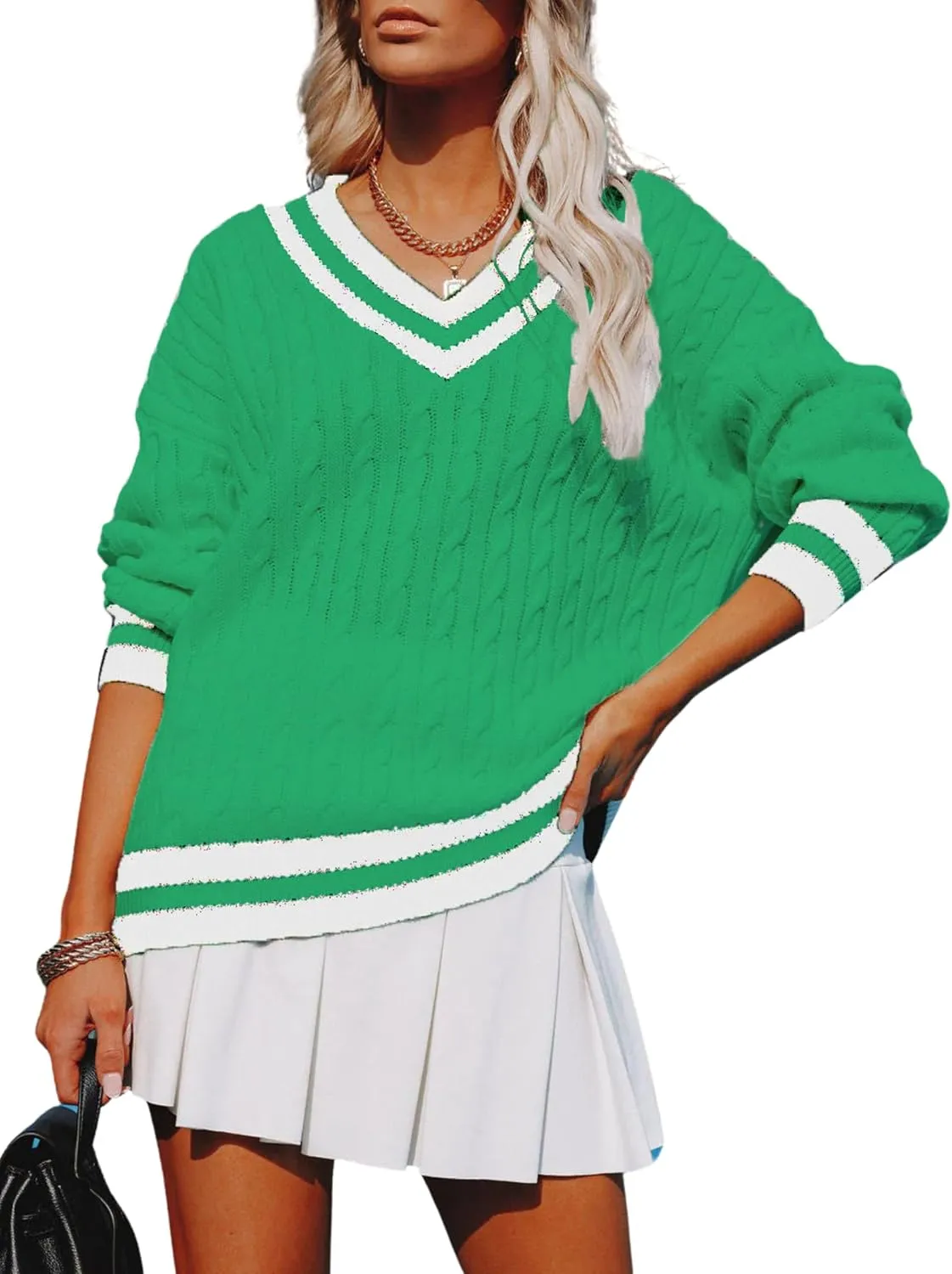 InterNos Women's Casual V Neck Long Sleeve Sweater Trendy Striped Pullover Cable Knit Preppy Sweaters
