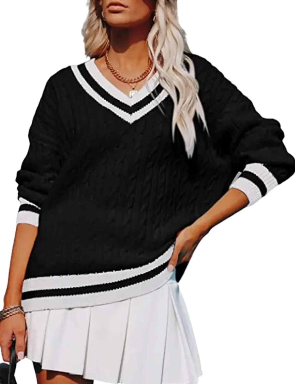 InterNos Women's Casual V Neck Long Sleeve Sweater Trendy Striped Pullover Cable Knit Preppy Sweaters