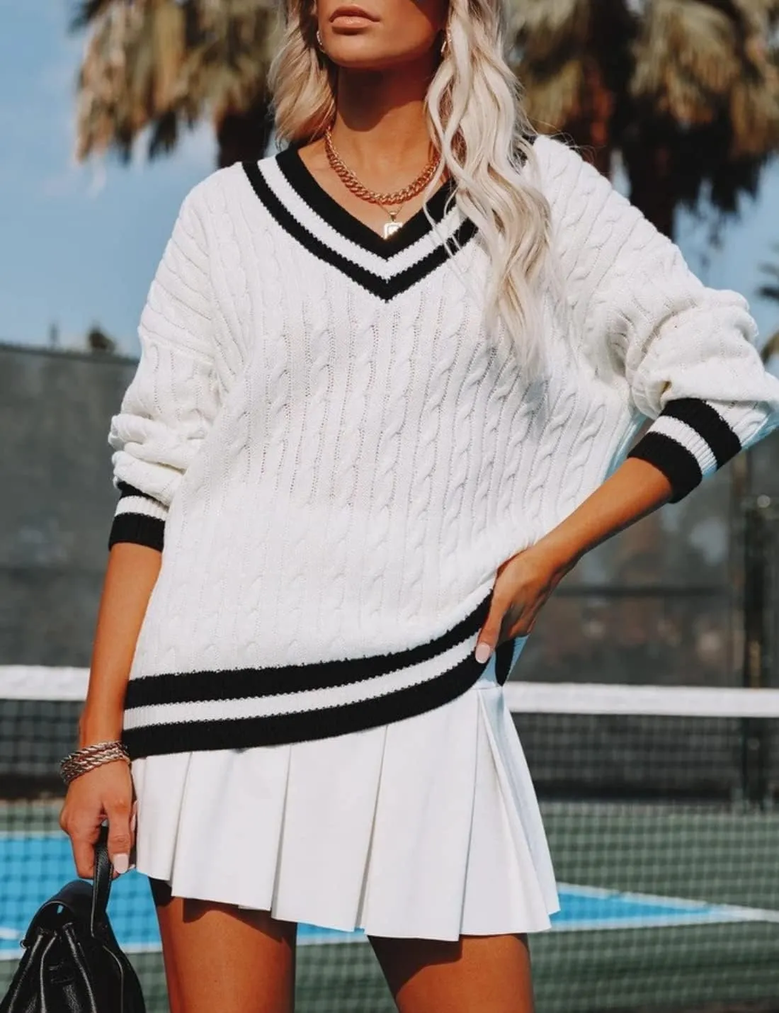 InterNos Women's Casual V Neck Long Sleeve Sweater Trendy Striped Pullover Cable Knit Preppy Sweaters