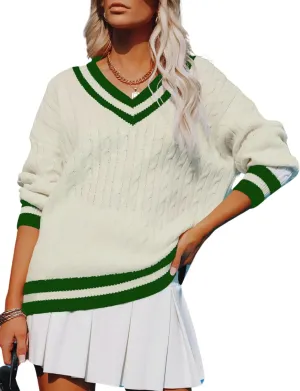InterNos Women's Casual V Neck Long Sleeve Sweater Trendy Striped Pullover Cable Knit Preppy Sweaters