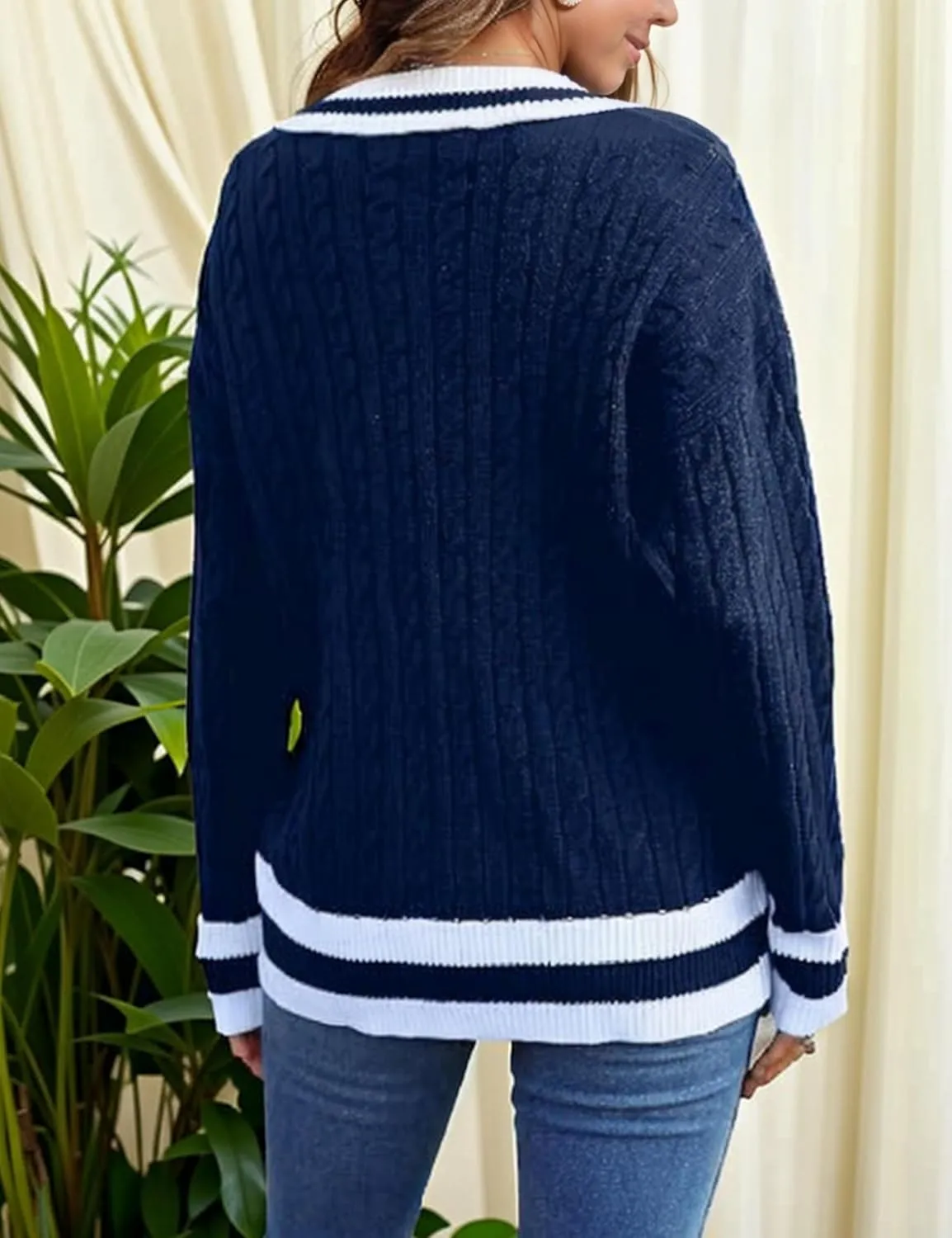 InterNos Women's Casual V Neck Long Sleeve Sweater Trendy Striped Pullover Cable Knit Preppy Sweaters