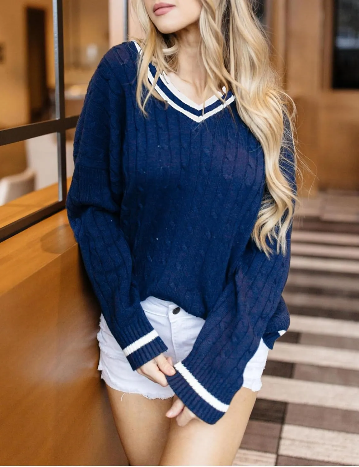 InterNos Women's Casual V Neck Long Sleeve Sweater Trendy Striped Pullover Cable Knit Preppy Sweaters