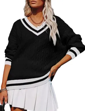 InterNos Women's Casual V Neck Long Sleeve Sweater Trendy Striped Pullover Cable Knit Preppy Sweaters