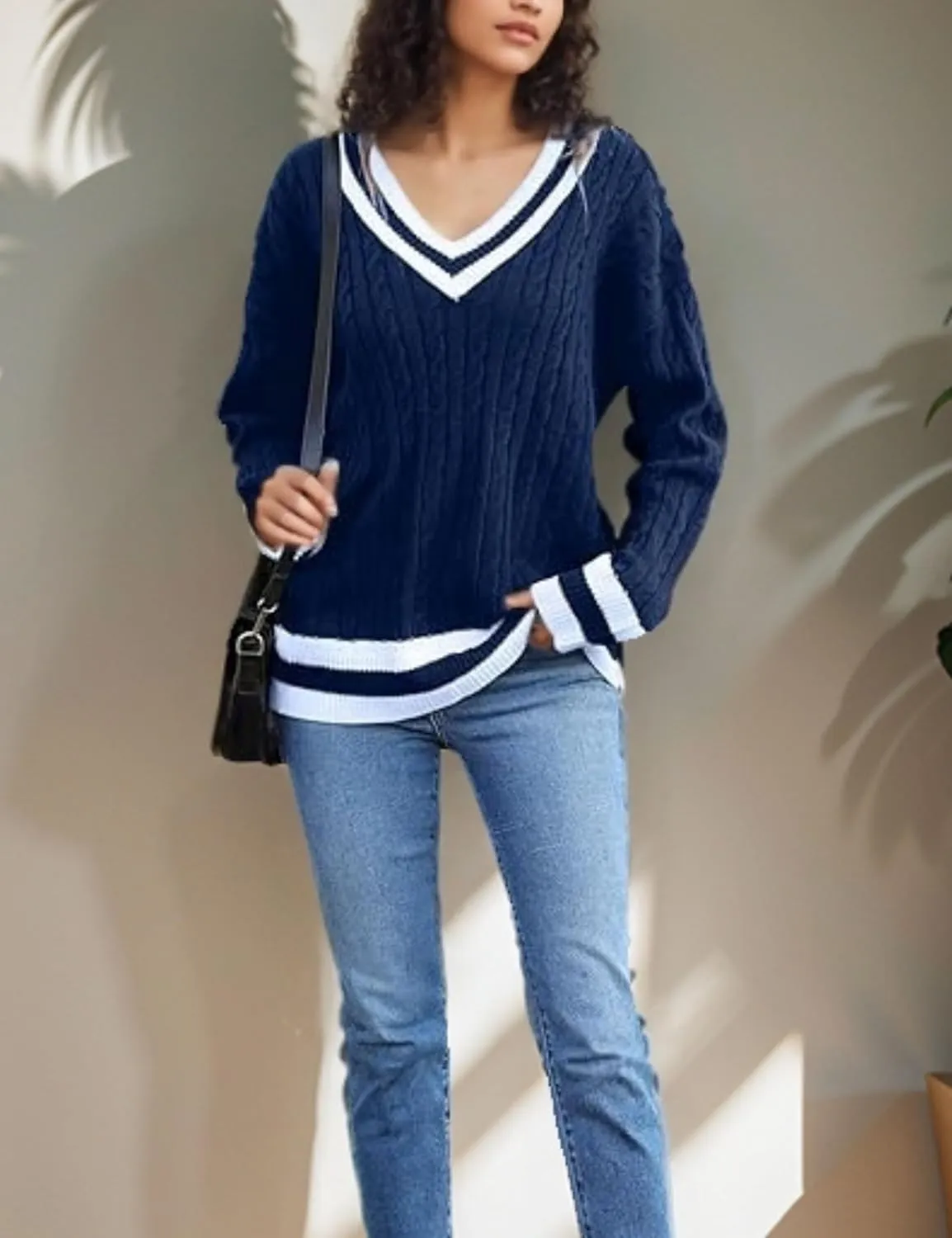 InterNos Women's Casual V Neck Long Sleeve Sweater Trendy Striped Pullover Cable Knit Preppy Sweaters