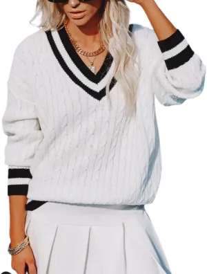 InterNos Women's Casual V Neck Long Sleeve Sweater Trendy Striped Pullover Cable Knit Preppy Sweaters