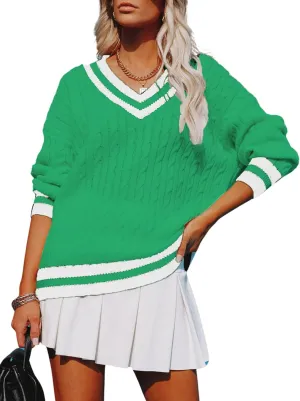 InterNos Women's Casual V Neck Long Sleeve Sweater Trendy Striped Pullover Cable Knit Preppy Sweaters