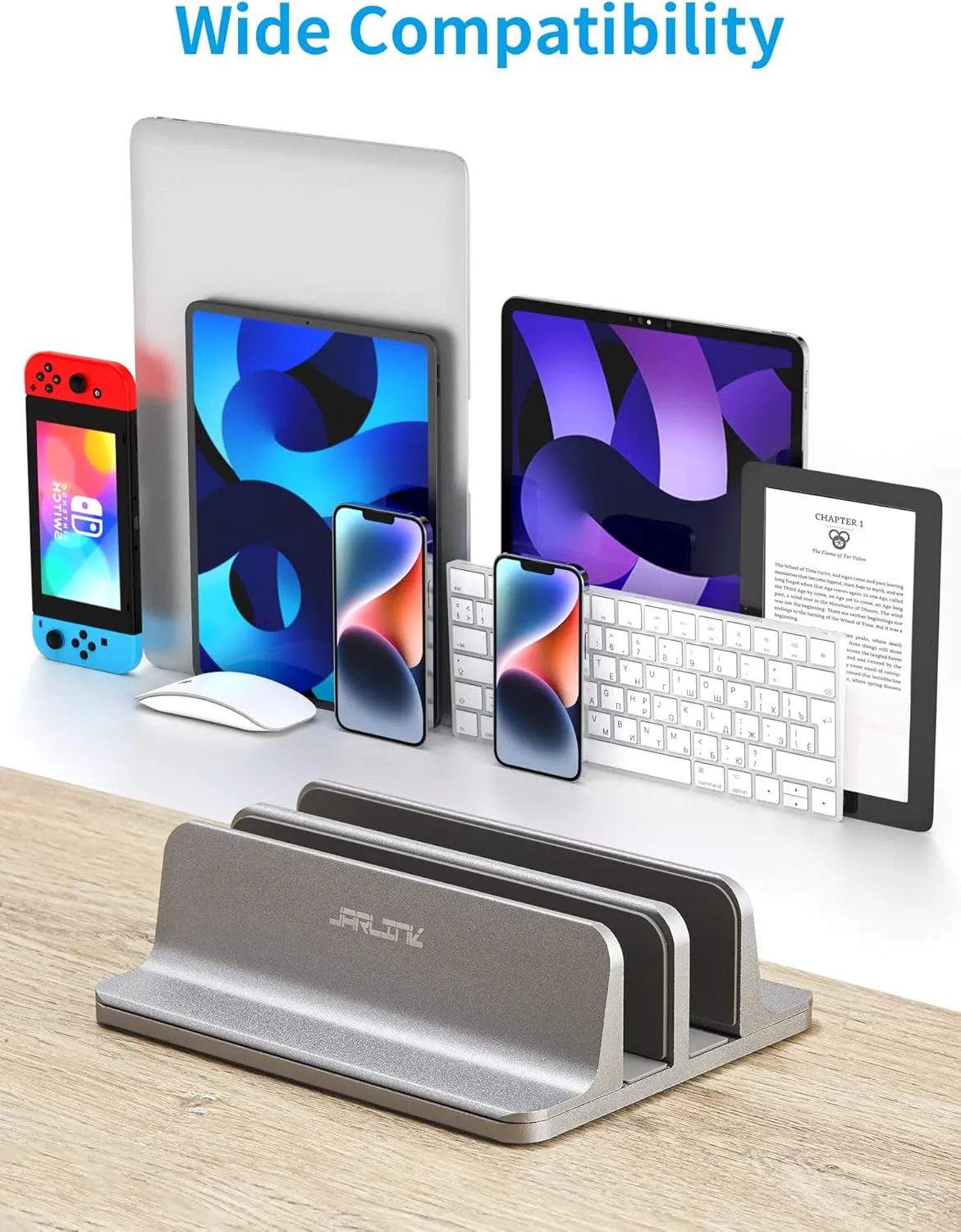 JARLINK Vertical Laptop Stand Holder, Aluminum Double Desktop Stand Holder with Adjustable Dock (Up to 17.3 inch), Fits All MacBook, Surface, Chromebook, and Gaming Laptops, Grey