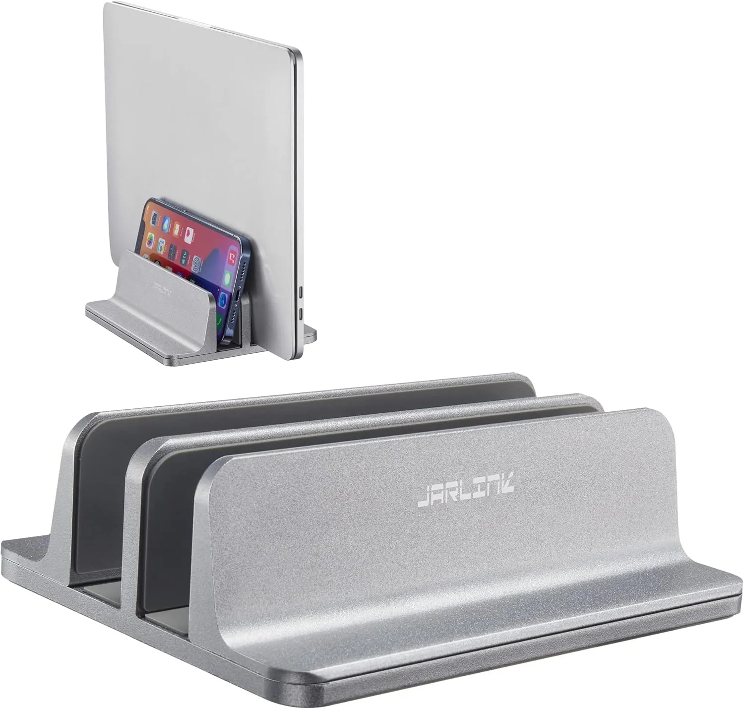 JARLINK Vertical Laptop Stand Holder, Aluminum Double Desktop Stand Holder with Adjustable Dock (Up to 17.3 inch), Fits All MacBook, Surface, Chromebook, and Gaming Laptops, Grey