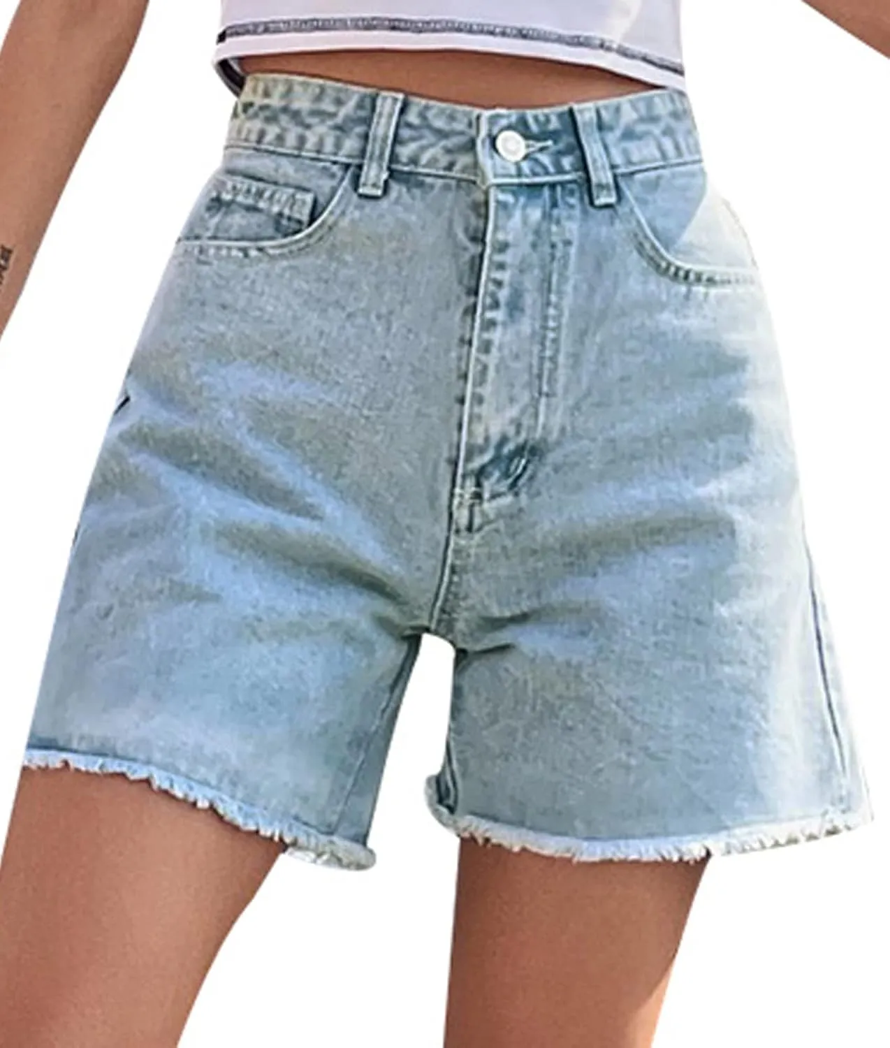 JASAMBAC Women's High Waisted Denim Shorts Rolled Hem Wide Leg Casual Jean Shorts with Pockets