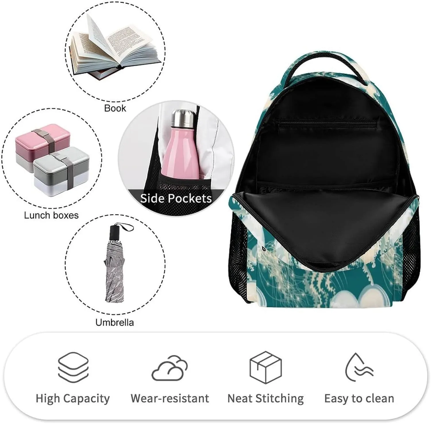 Jellyfish Backpack for Kids Girls Boys School, 16 Inches Cute Jellyfishes Theme Bookbag, Adjustable, Lightweight, Large Capacity, Colorful Daily Casual Backpacks
