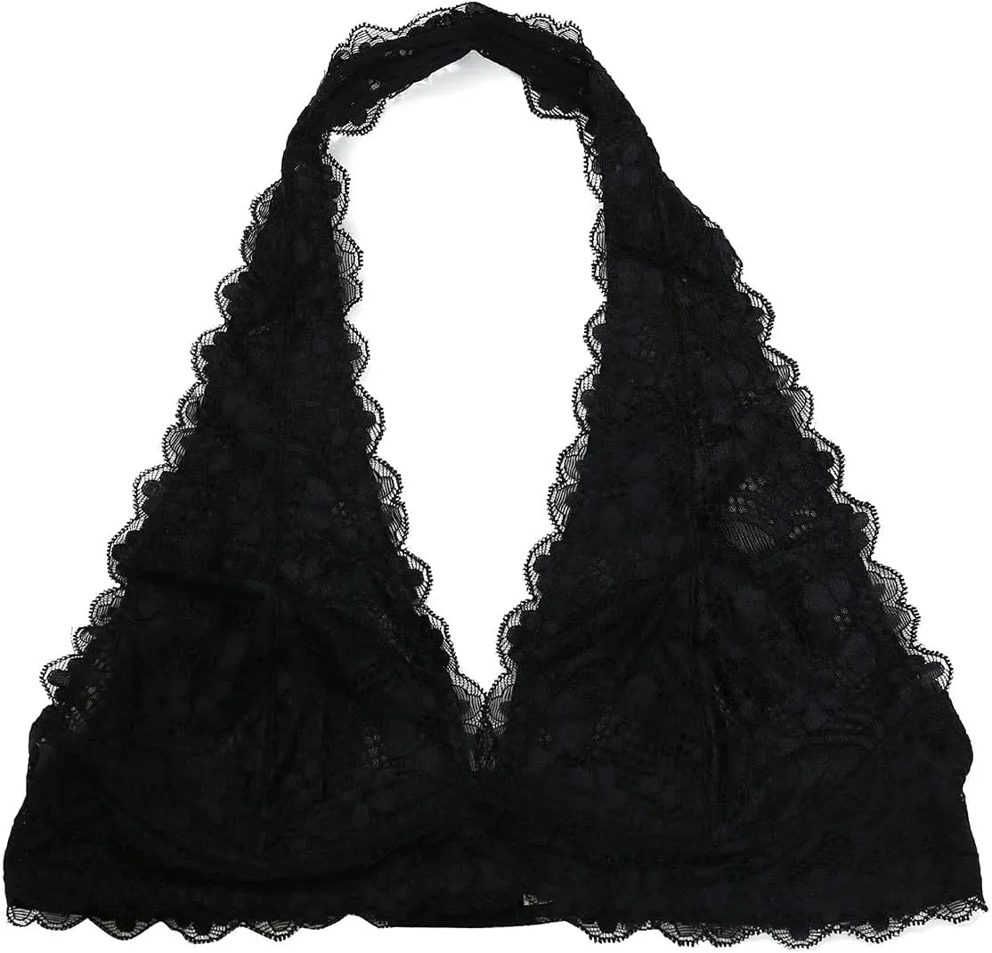 JOJOANS Halter Lace Bralette Unpadded Wireless Sheer Bra Bustier Full Coverage Lingerie…