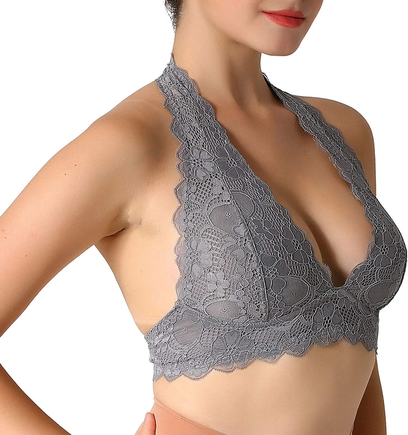 JOJOANS Halter Lace Bralette Unpadded Wireless Sheer Bra Bustier Full Coverage Lingerie…