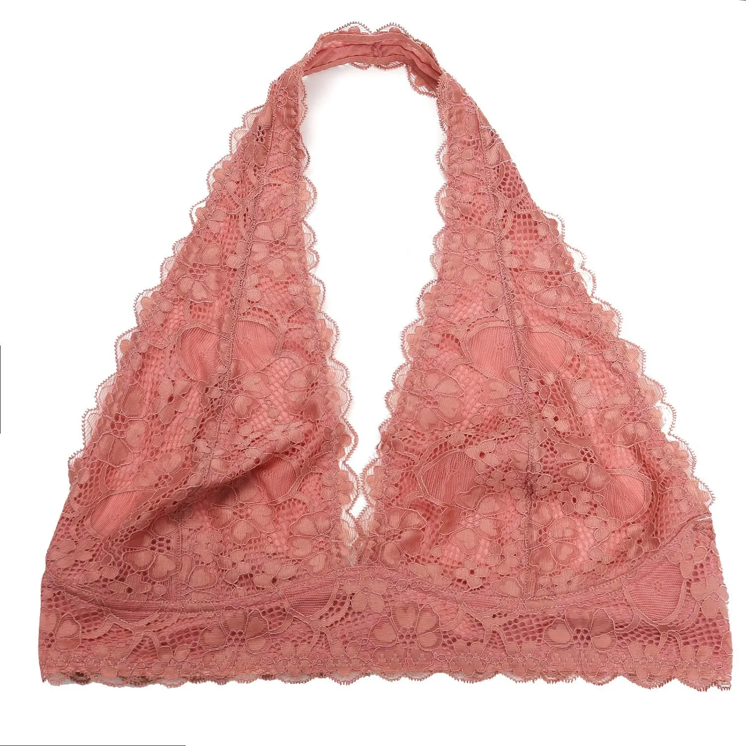 JOJOANS Halter Lace Bralette Unpadded Wireless Sheer Bra Bustier Full Coverage Lingerie…