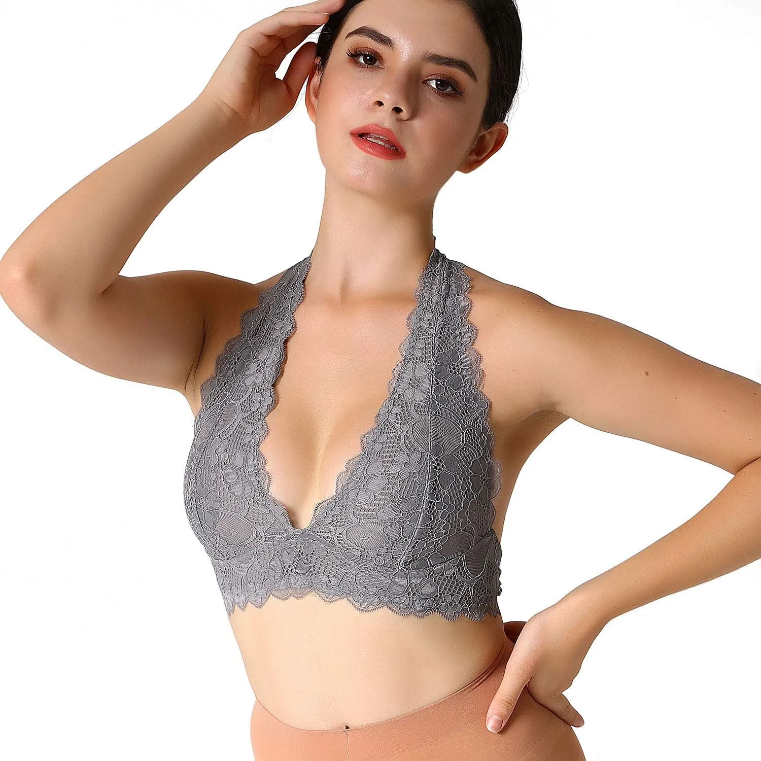 JOJOANS Halter Lace Bralette Unpadded Wireless Sheer Bra Bustier Full Coverage Lingerie…