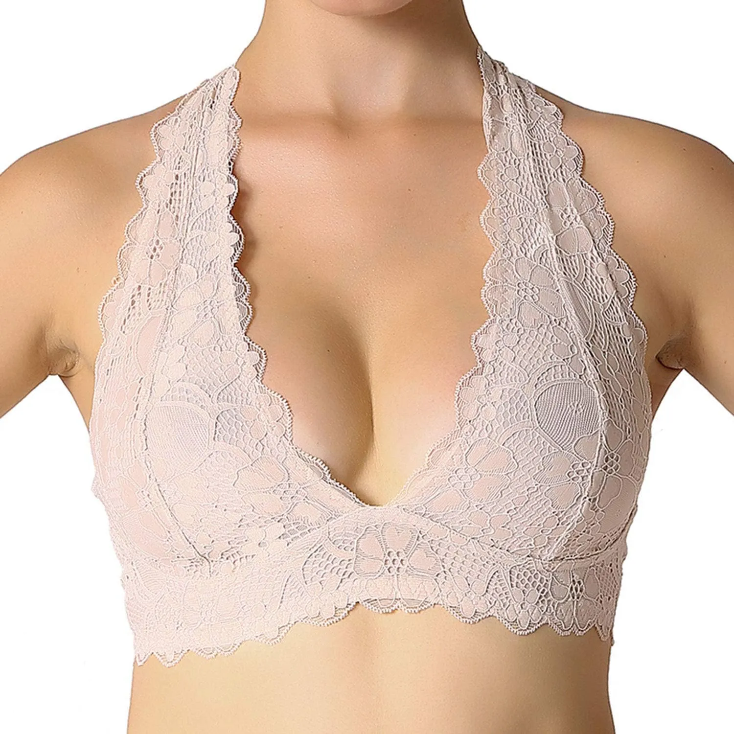 JOJOANS Halter Lace Bralette Unpadded Wireless Sheer Bra Bustier Full Coverage Lingerie…