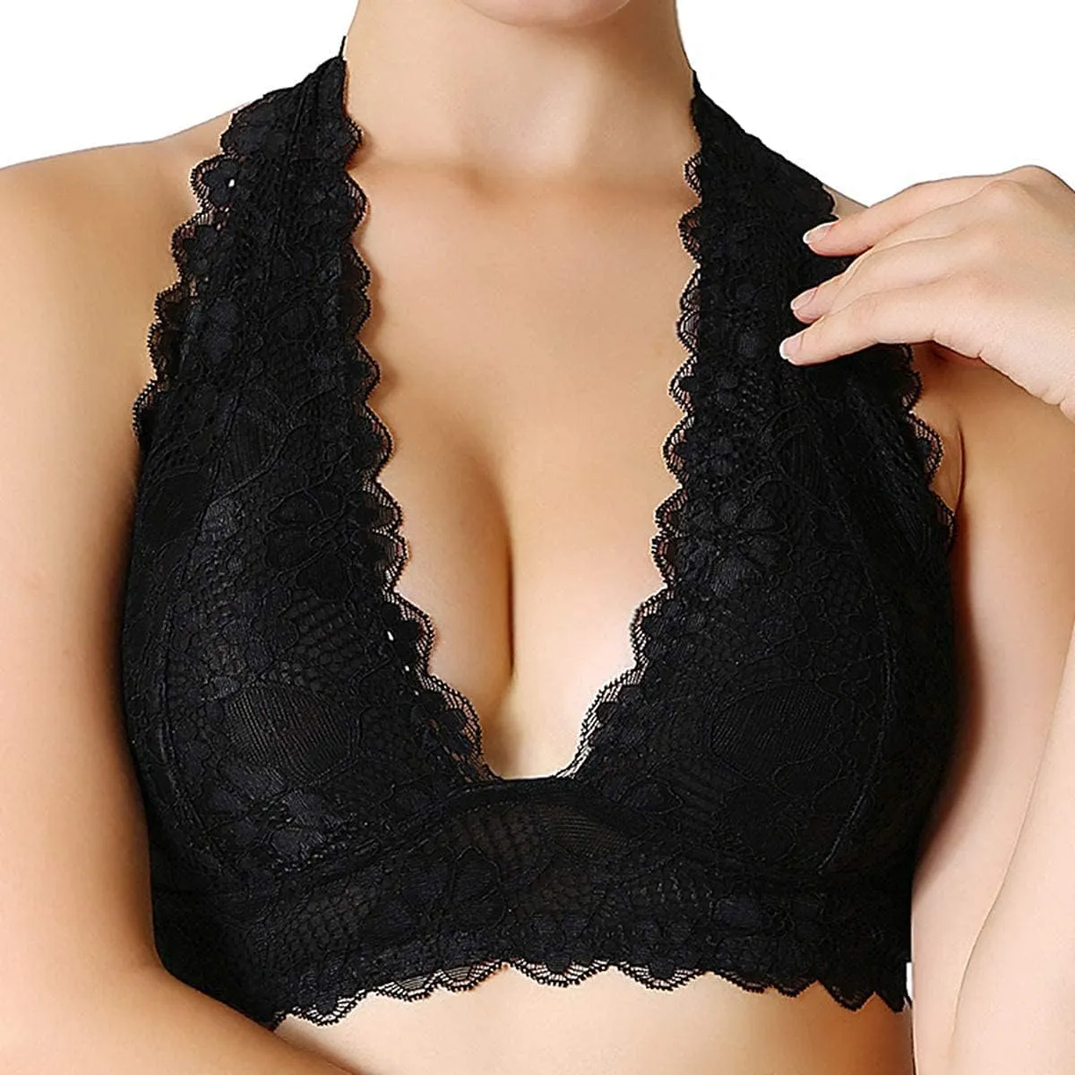 JOJOANS Halter Lace Bralette Unpadded Wireless Sheer Bra Bustier Full Coverage Lingerie…