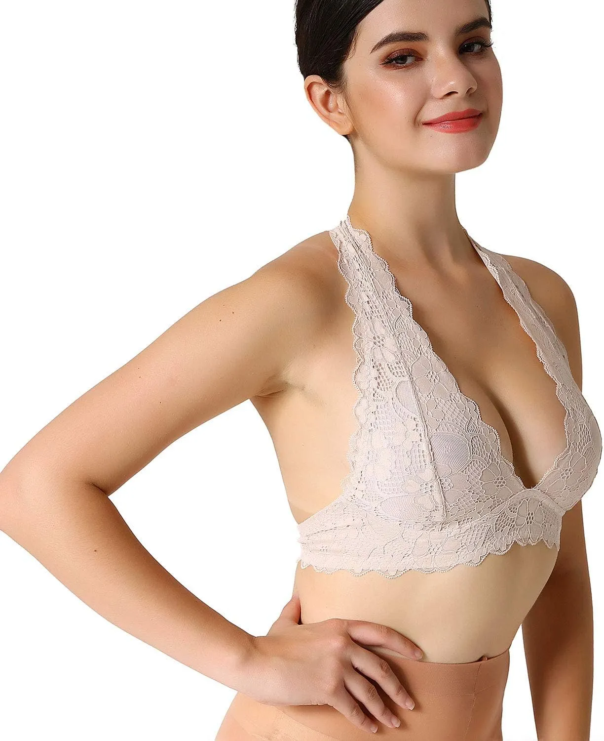 JOJOANS Halter Lace Bralette Unpadded Wireless Sheer Bra Bustier Full Coverage Lingerie…