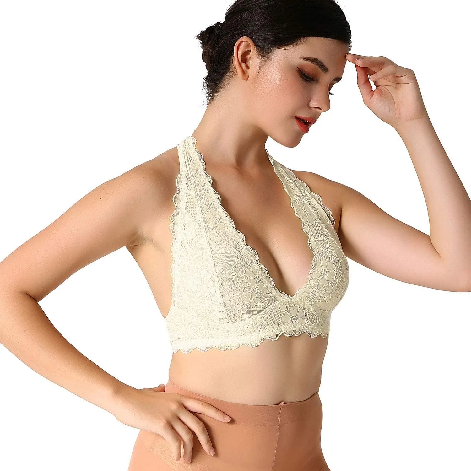JOJOANS Halter Lace Bralette Unpadded Wireless Sheer Bra Bustier Full Coverage Lingerie…