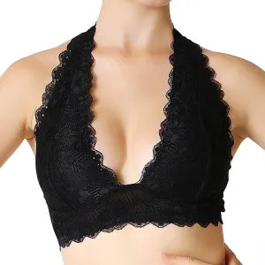 JOJOANS Halter Lace Bralette Unpadded Wireless Sheer Bra Bustier Full Coverage Lingerie…