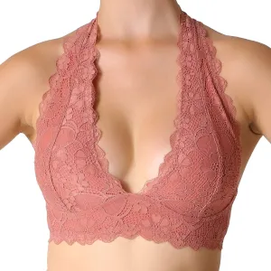 JOJOANS Halter Lace Bralette Unpadded Wireless Sheer Bra Bustier Full Coverage Lingerie…