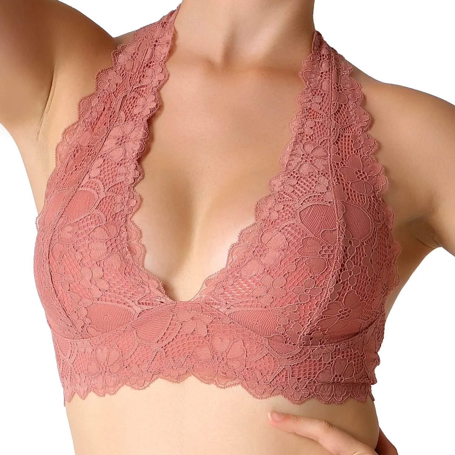 JOJOANS Halter Lace Bralette Unpadded Wireless Sheer Bra Bustier Full Coverage Lingerie…