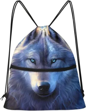 JooMeryer Mens Drawstring Backpack Cool Wolf Printed Foldable String Bag Sackpack Gymsack for Gym Sport,Blue Wolf