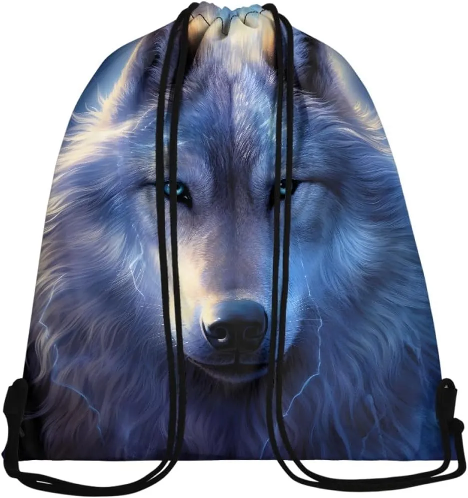 JooMeryer Mens Drawstring Backpack Cool Wolf Printed Foldable String Bag Sackpack Gymsack for Gym Sport,Blue Wolf
