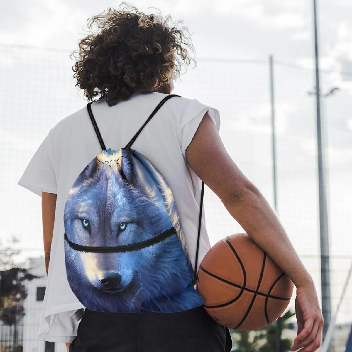 JooMeryer Mens Drawstring Backpack Cool Wolf Printed Foldable String Bag Sackpack Gymsack for Gym Sport,Blue Wolf