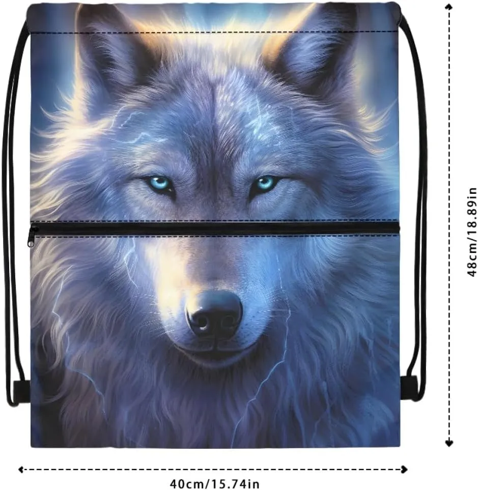 JooMeryer Mens Drawstring Backpack Cool Wolf Printed Foldable String Bag Sackpack Gymsack for Gym Sport,Blue Wolf