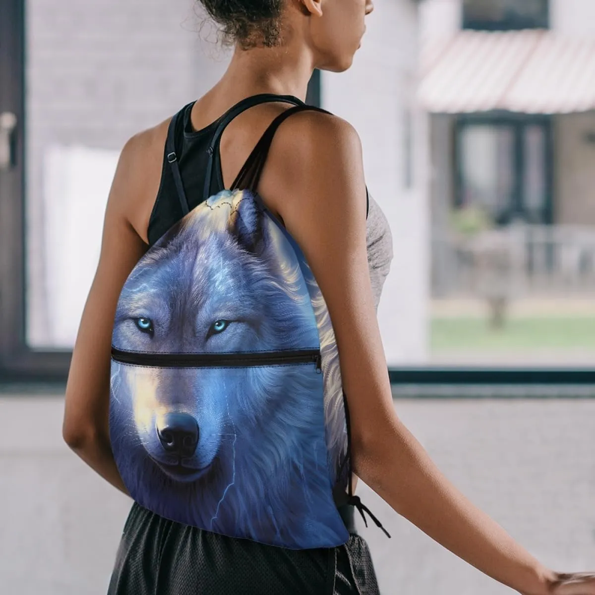 JooMeryer Mens Drawstring Backpack Cool Wolf Printed Foldable String Bag Sackpack Gymsack for Gym Sport,Blue Wolf