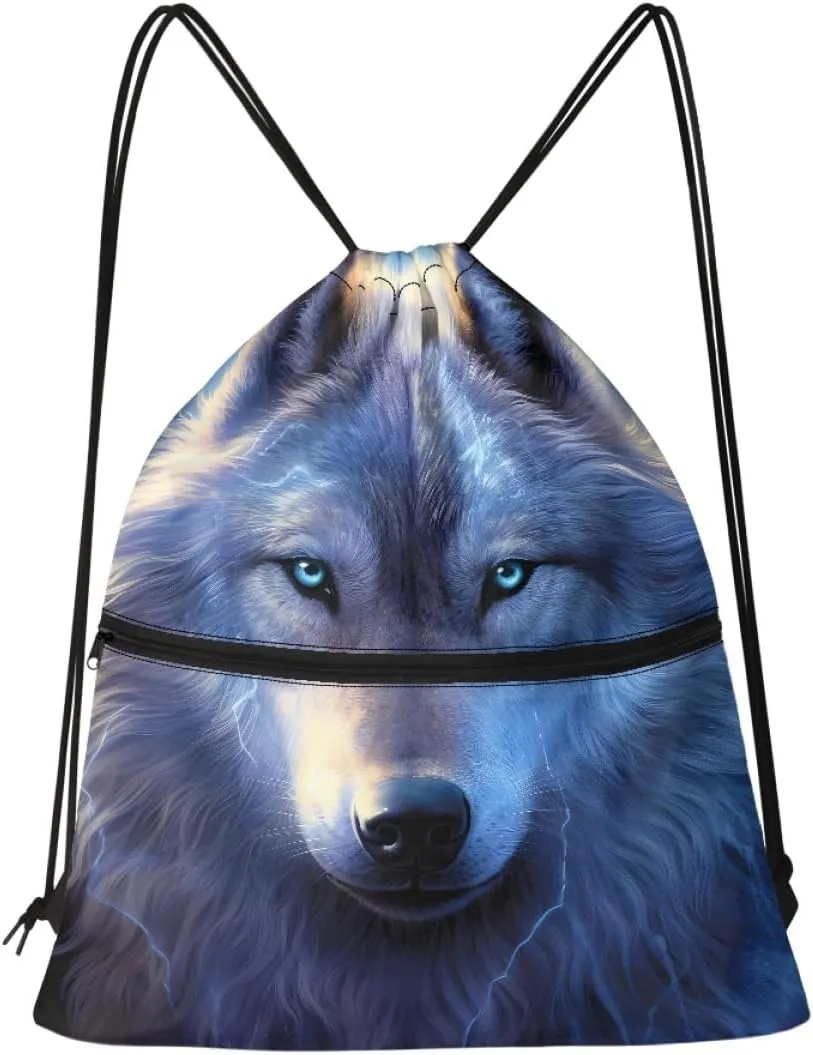JooMeryer Mens Drawstring Backpack Cool Wolf Printed Foldable String Bag Sackpack Gymsack for Gym Sport,Blue Wolf