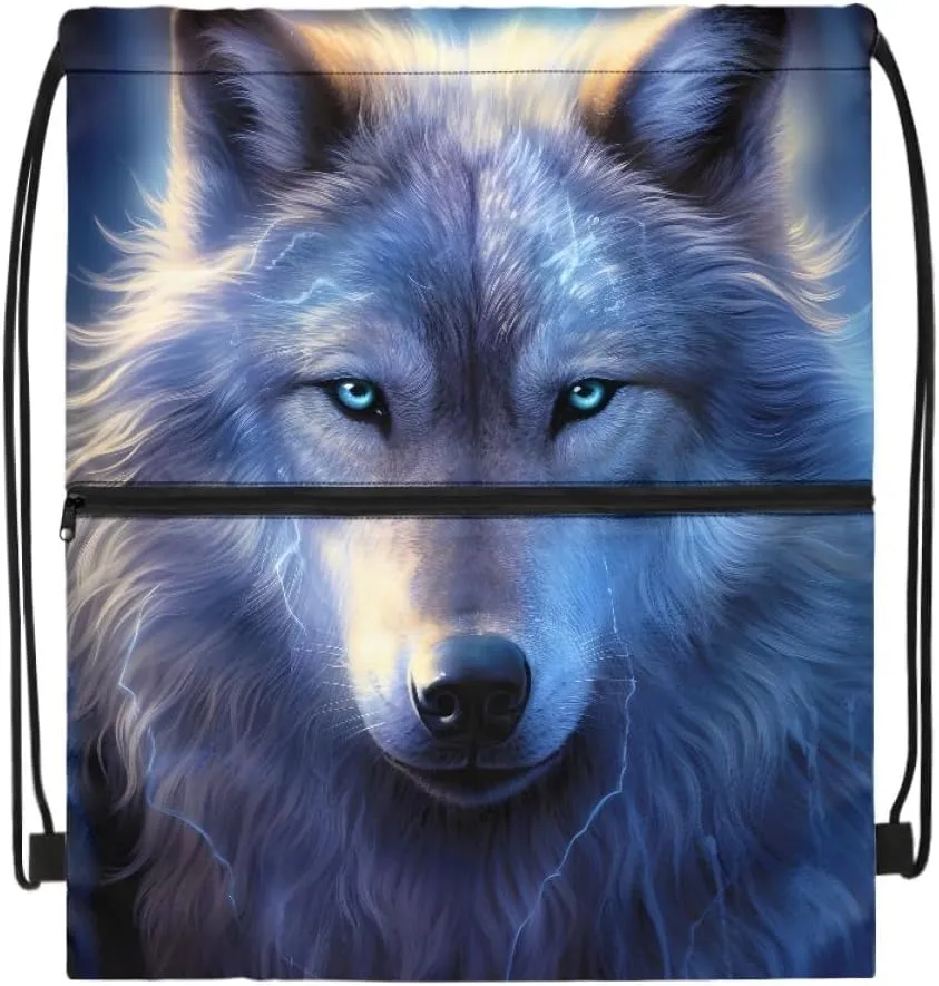 JooMeryer Mens Drawstring Backpack Cool Wolf Printed Foldable String Bag Sackpack Gymsack for Gym Sport,Blue Wolf