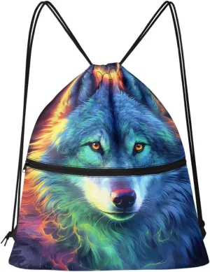 JooMeryer Mens Drawstring Backpack Cool Wolf Printed Foldable String Bag Sackpack Gymsack for Gym Sport,Colorful Wolf