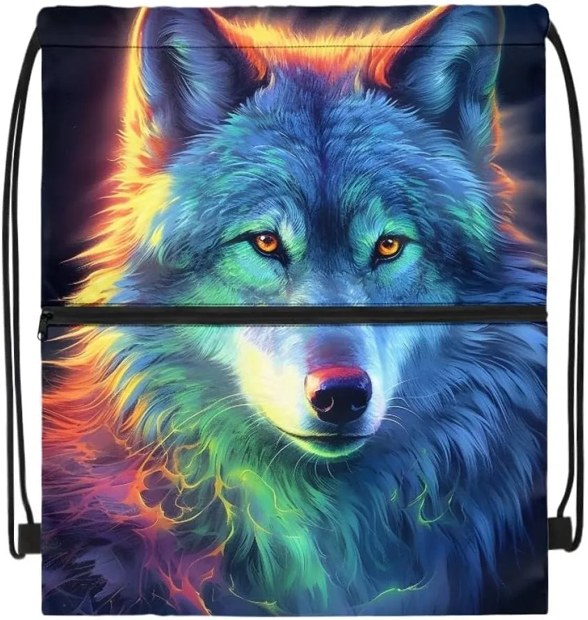 JooMeryer Mens Drawstring Backpack Cool Wolf Printed Foldable String Bag Sackpack Gymsack for Gym Sport,Colorful Wolf