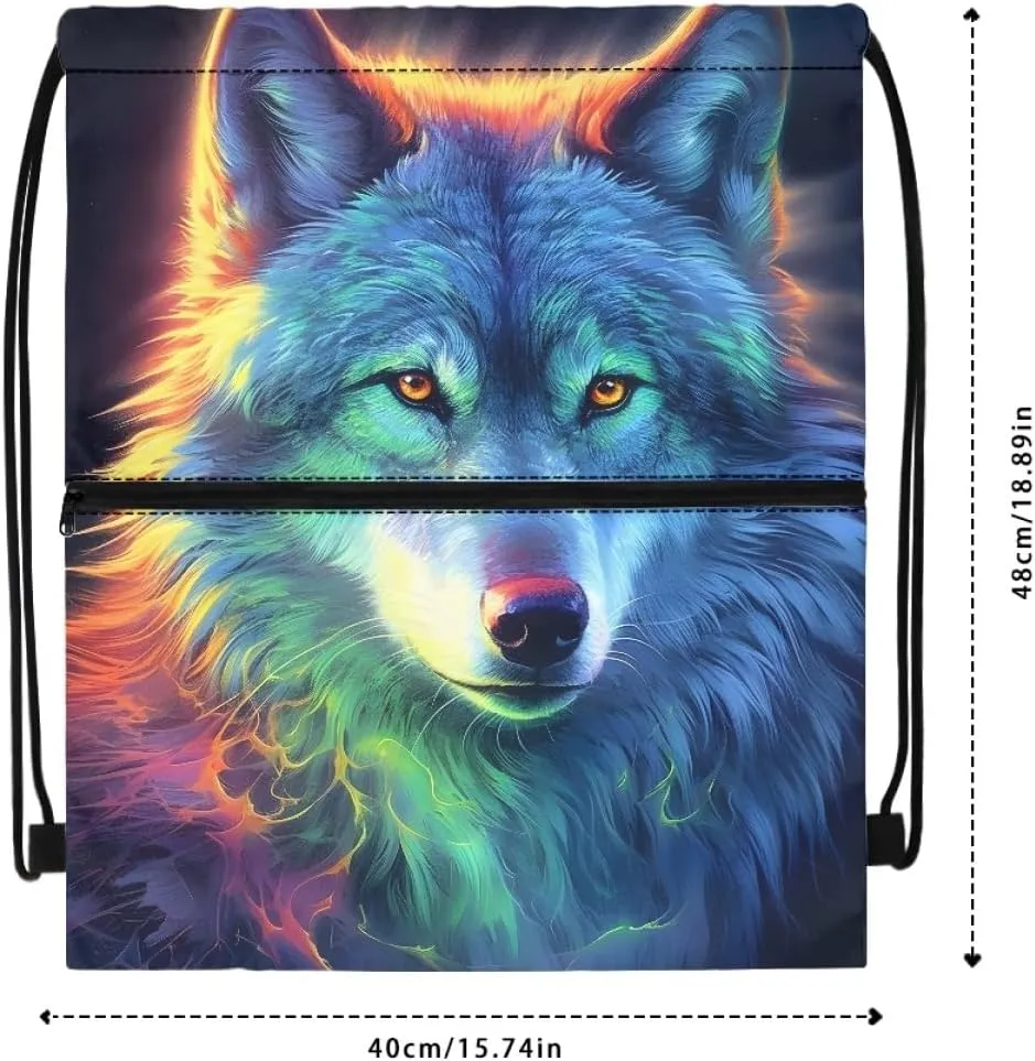 JooMeryer Mens Drawstring Backpack Cool Wolf Printed Foldable String Bag Sackpack Gymsack for Gym Sport,Colorful Wolf