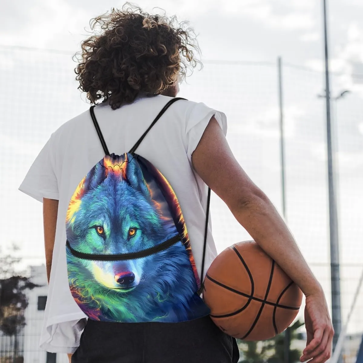 JooMeryer Mens Drawstring Backpack Cool Wolf Printed Foldable String Bag Sackpack Gymsack for Gym Sport,Colorful Wolf