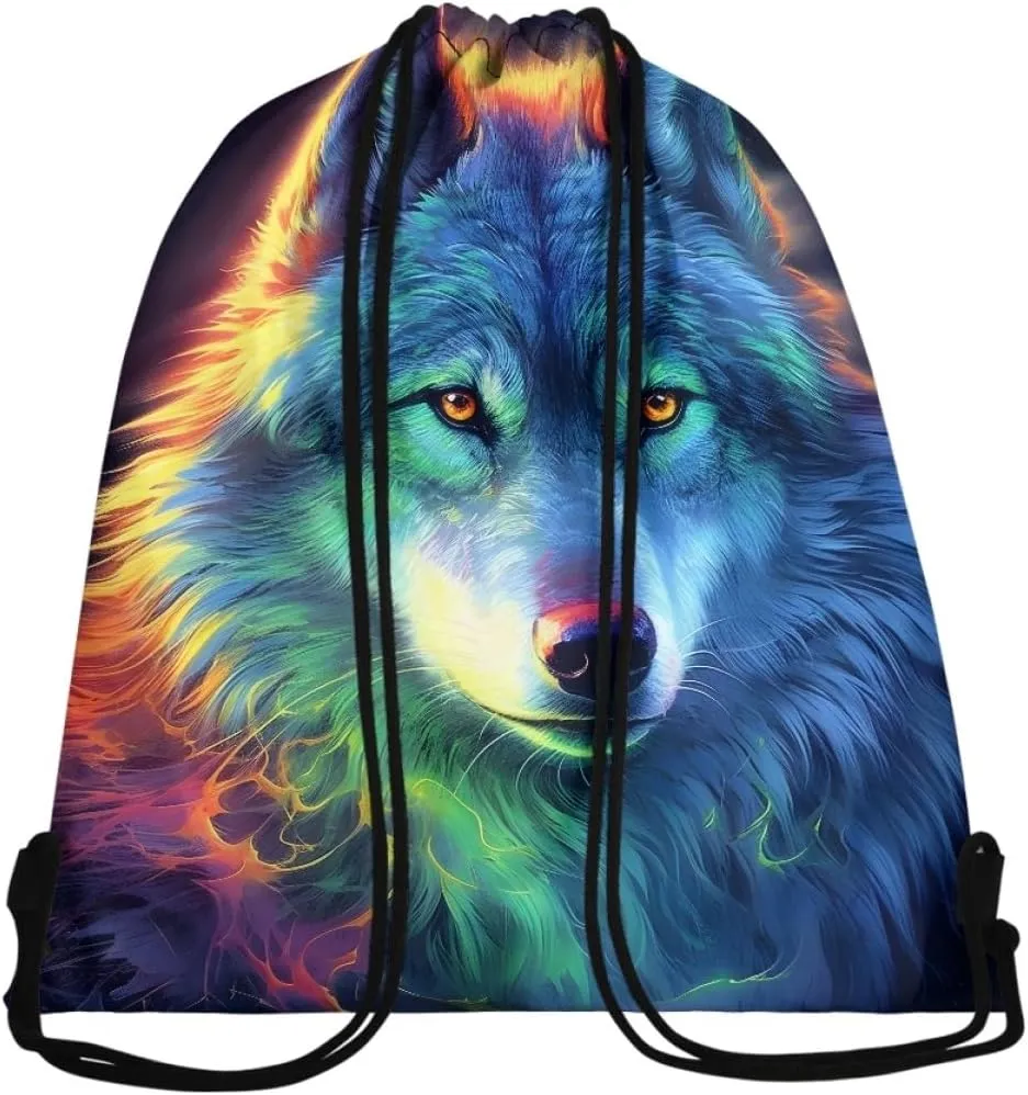 JooMeryer Mens Drawstring Backpack Cool Wolf Printed Foldable String Bag Sackpack Gymsack for Gym Sport,Colorful Wolf