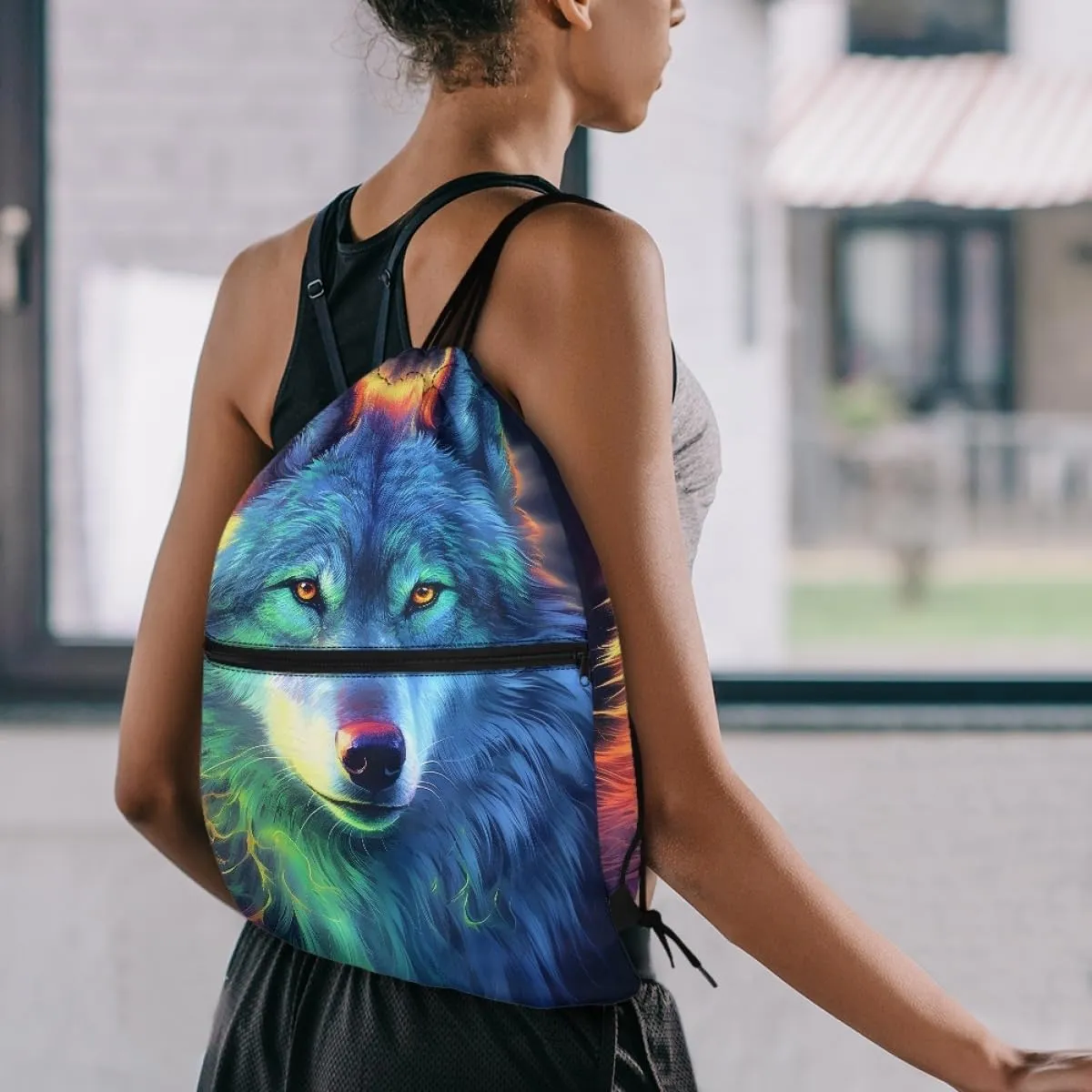 JooMeryer Mens Drawstring Backpack Cool Wolf Printed Foldable String Bag Sackpack Gymsack for Gym Sport,Colorful Wolf