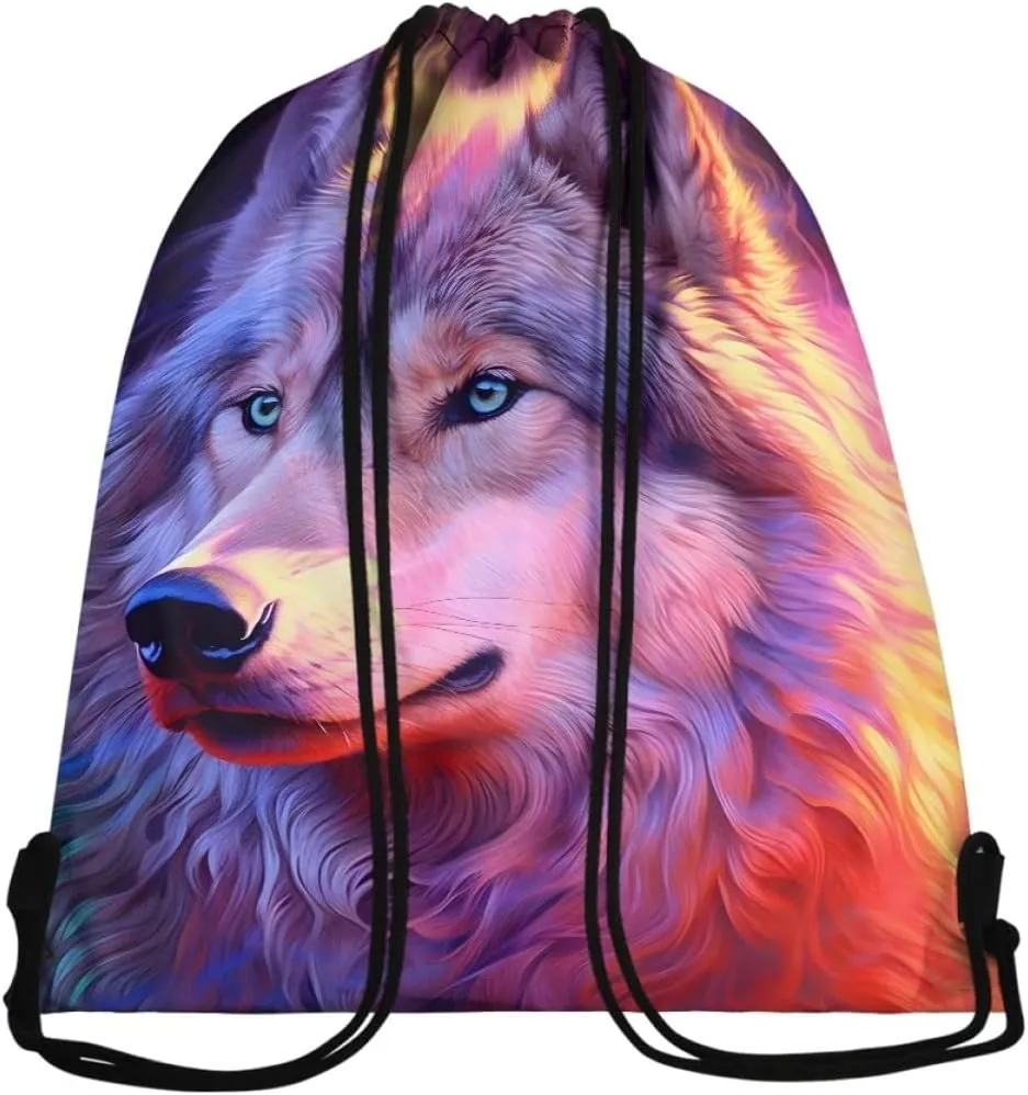 JooMeryer Mens Drawstring Backpack Cool Wolf Printed Foldable String Bag Sackpack Gymsack for Gym Sport,Pink Purple Wolf