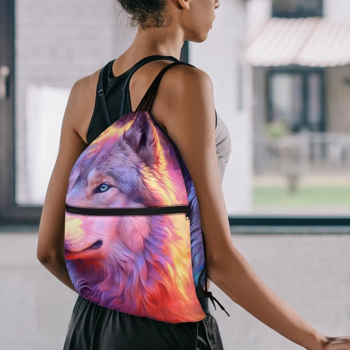 JooMeryer Mens Drawstring Backpack Cool Wolf Printed Foldable String Bag Sackpack Gymsack for Gym Sport,Pink Purple Wolf